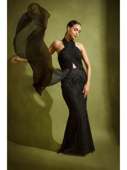 BABITA M - Black Noir Tulle Fishtail Gown