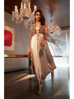 BABITA M - Beige Silk Cowl Dress With Jacket (Set of 2)