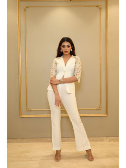 Label Simran Kochher - White Ever Ready Laser Cut Co-Ord (Set of 3)