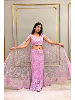 Label Simran Kochher - Lavender Crop Top With Skirt And Veil (Set of 3)