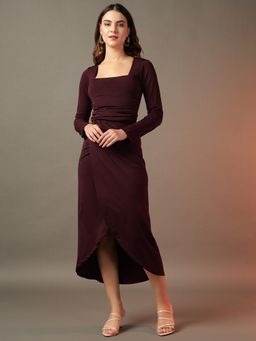 Trend Arrest - Solid Square Neck Georgette Burgundy Midi Dress