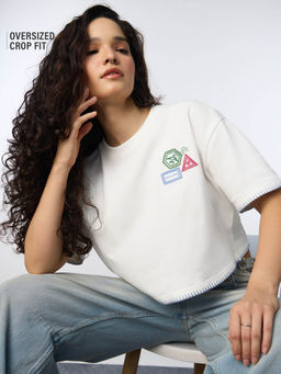 The Souled Store - White Embroidered Oversized Fit T-Shirt
