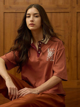 U.S. POLO ASSN. - Brown Solid Oversized Fit Polo T-Shirt
