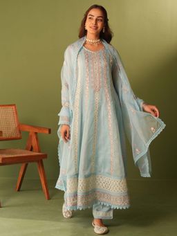 Sindh Fashion - Blue Organza Resham Work Anarkali with Pant and Dupatta (Set of 3)