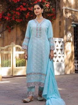 Sindh Fashion - Blue Semi Cotton Embroidered Kurta with Pant and Dupatta (Set of 3)