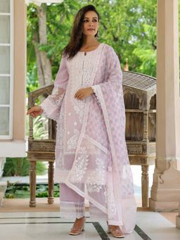Sindh Fashion - Lavender Semi Cotton Embroidered Kurta with Pant and Dupatta (Set of 3)