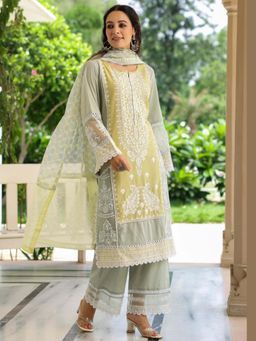 Sindh Fashion - Green Semi Cotton Embroidered Kurta with Pant and Dupatta (Set of 3)