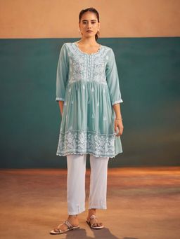 Sindh Fashion - Green Semi Cotton Embroidered Kurti and Pant (Set of 2)