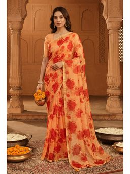 Zari Jaipur - Printed Chiffon Saree -Orange