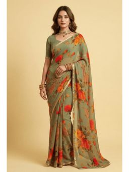 Zari Jaipur - Printed Chiffon Saree -Green