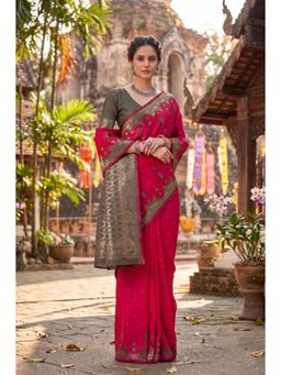 Monjolika Fashion - Rani Pink Banarasi Style Soft Silk Saree-Pink
