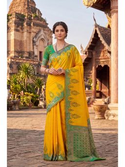 Monjolika Fashion - Yellow Banarasi Style Soft Silk Saree-Yellow