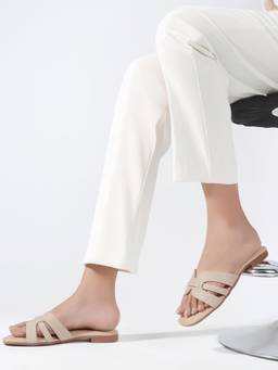 CHINRAAG - Womens Beige Stylish Cut-Out Strap Casual Slip-On Flats