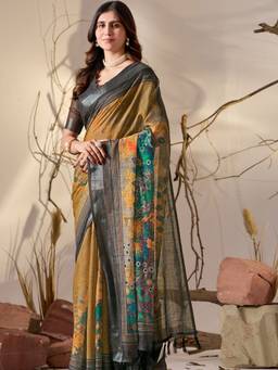 URBAN PALLU - Grey Pixie lane Ethnic Motifs Pure Cotton Designer Jamdani Saree