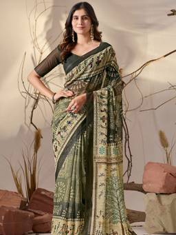 URBAN PALLU - Green Pure Cotton Printed Sarees