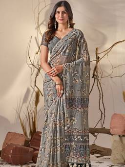 URBAN PALLU - Grey Pure Cotton Floral Sarees