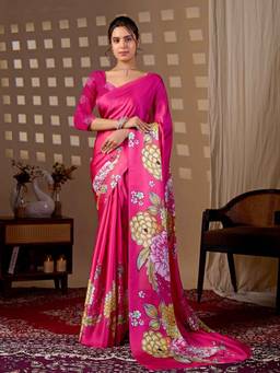 URBAN PALLU - Pink Floral Satin Jamdani Saree