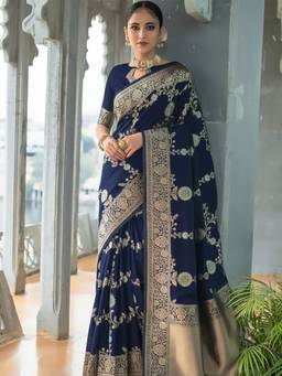 URBAN PALLU - Navy Blue Woven Design Zari Silk Blend Heavy Work fwd Saree