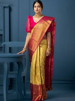 URBAN PALLU - Yellow Woven Design Zari Silk Blend Handloom fwd Saree