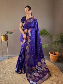 URBAN PALLU - Blue Floral Zari Silk Blend Designer Mysore Silk Saree