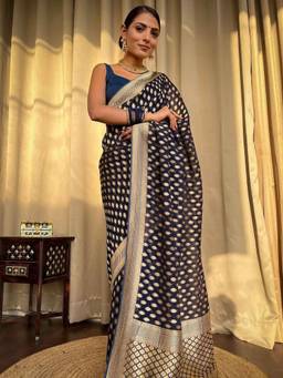 URBAN PALLU - Navy Blue Woven Design Zari Silk Blend Handloom fwd Saree
