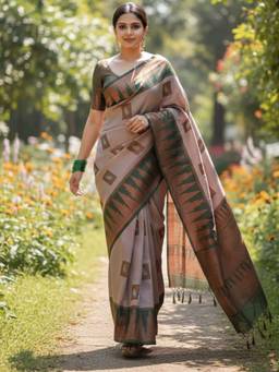 URBAN PALLU - Beige Ethnic Motifs Silk Blend Handloom fwd Saree