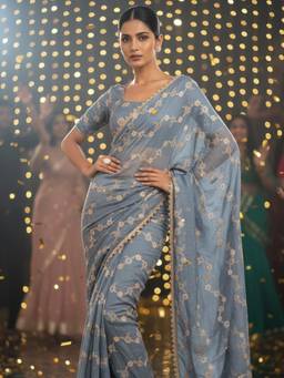 URBAN PALLU - Grey Embellished Border Cotton Blend Design Saree
