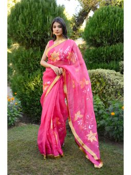 Mangalmay By Aastha - Gulabi Noor Hand Painted Organza Saree with Unstitched Blouse