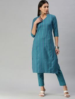 Shaily - Blue Self Design Cotton Blend Kurta (Set of 2)