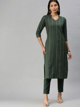 Shaily - Green Self Design Cotton Blend Kurta (Set of 2)