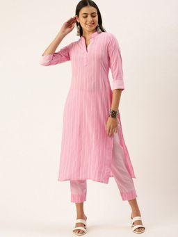 Shaily - Pink Striped Cotton Blend Kurta (Set of 2)