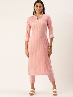 Shaily - Peach Striped Cotton Blend Kurta (Set of 2)