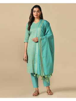 Shaily - Green Self Design Cotton Blend Kurta (Set of 3)