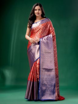 CHARUKRITI - Red Organza Kanjivaram Handwoven Soft Saree with Zari Border with Unstitched Blouse