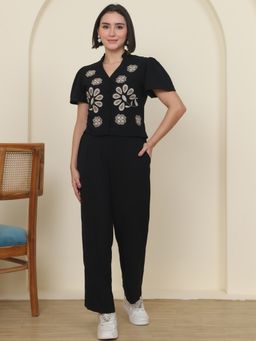 JAKANARY - Women Black Embroidered Mandarin Collar Co-Ord Set