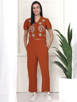 JAKANARY - Women Rust Embroidered Mandarin Collar Co-Ord Set