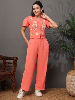 JAKANARY - Women Peach Embroidered Mandarin Collar Co-Ord Set