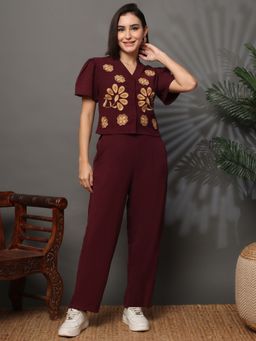 JAKANARY - Women Wine Embroidered Mandarin Collar Co-Ord Set