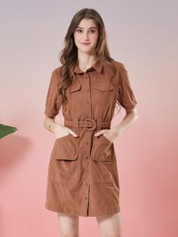 Latin Quarters - Women's Brown Half Sleeve Shirt Dress With Belt