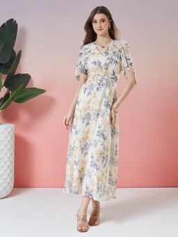 Latin Quarters - Women's Beige Printed Half Sleeve V-Neck Fit And Flare Dress