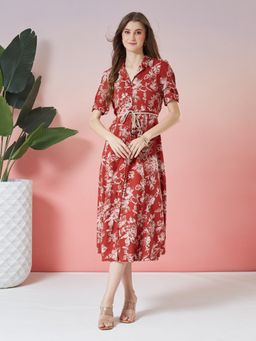 Latin Quarters - Women's Red Printed Half Sleeve Shirt Dress With Belt