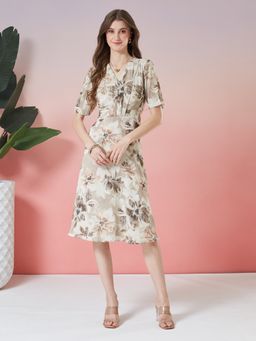 Latin Quarters - Women's Beige Floral Printed Half Sleeve A-Line Dress