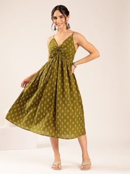 Vbuyz - Women Green Floral Flared Cotton Stitched Dress