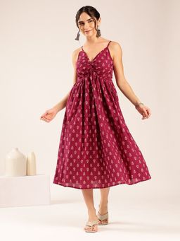 Vbuyz - Women Magenta Floral Flared Cotton Stitched Dress