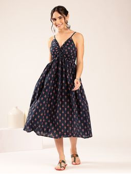 Vbuyz - Women Blue Floral Flared Cotton Stitched Dress