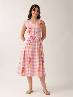 Vbuyz - Women Peach Checked A-Line Stitched Dress With Belt