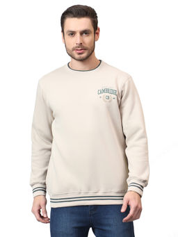 Cantabil - Men Solid Cream Round Neck Casual Sweatshirt