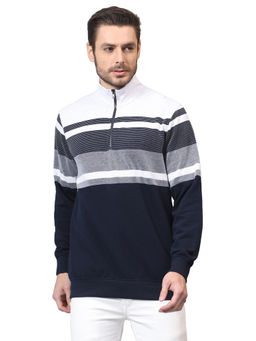 Cantabil - Men Striped Navy Blue High Neck Casual Sweatshirt
