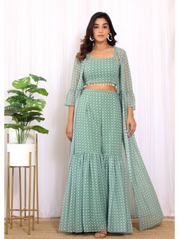 Label Kanupriya - Mint Green Printed Georgette Tassel Details Co-Ord (Set of 3)