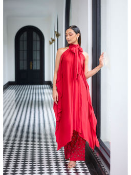 LABEL RUHBAB - Red Draped Silk Crepe with A Tie-Up Bow Kurta and Pant (Set of 2)
